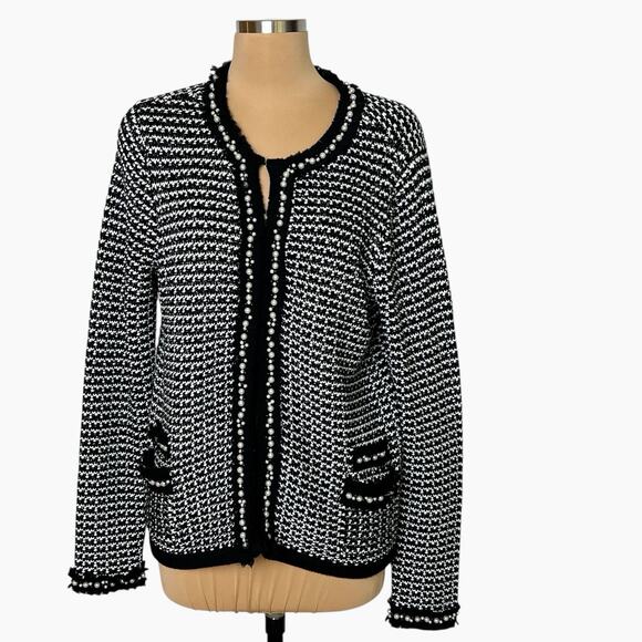 Alex Marie Cardigan Sweater Womans L Black White Faux Pearls Hook Front Elegant - Picture 2 of 10